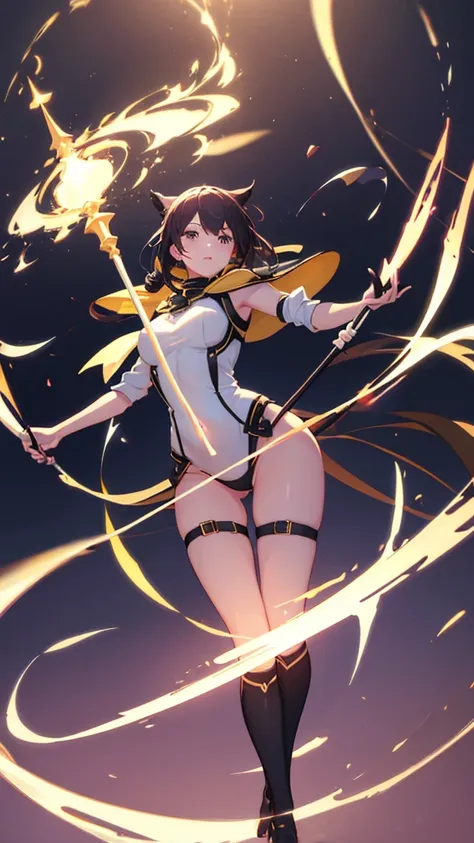 young girl, hour glass figure, perfect body, holding a glowing spear, wearing black thigh high socks