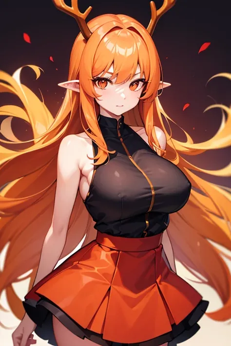 Kizi, work of art, best qualityer, hair orange, antlers, breasts big, long hair, pointy ears, mini-skirt, red skirt,, hinterland, glad, Eyes red, looking ahead at viewer 