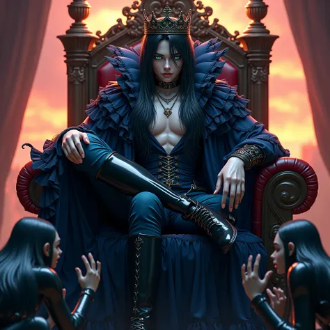 Long black hair. Teal blue eyes, Male, Blue and black frilly gothic clothes. Crown. Surrealism, Sexy, Masterpiece, Shiny, Sunset. 8k, super detail, Shiny, Beautifully detailed, Pretty drawn. Sexy pose, hot. Anime. Seductive pose. Vampire. Sitting on his th...