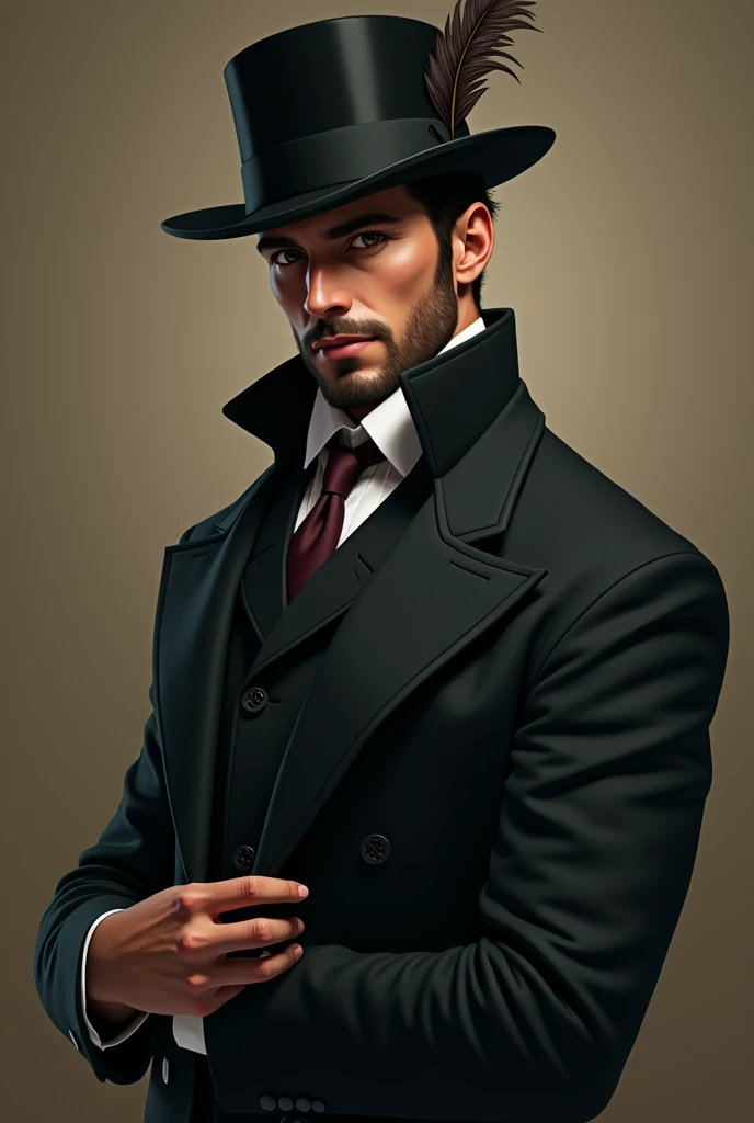  Tall man with black hair and medium cut, dark brown eyes, brown skin tone, with a calculating look, with little beard, dress in frac, with a hat that has a feather and a scar on his hand and part of his arm. 