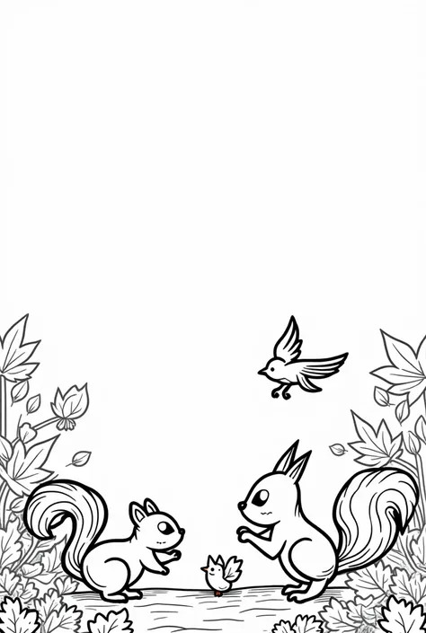 non-coloured, coloring pages for adults, an image of a whimsical scene featuring animals playing in the leaves, like squirrels chasing each other or birds flying overhead, cartoon style, thick lines, low detail, black and white, no shading,