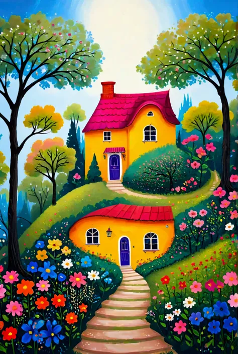 painting of a house in a colorful garden with trees and flowers, full of colour w 1024, whimsical art, flowery cottage, full of colour 8-w 1024, bright and colourful, vibrant painting, jane newland, house in the wood, house on a hill, colorful house, sunli...