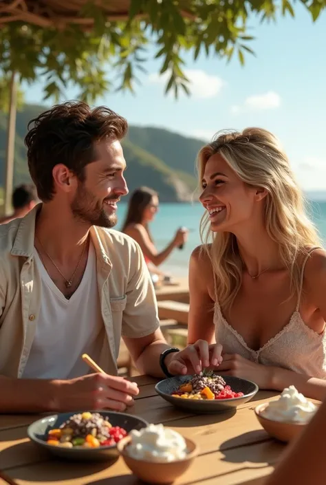 Realistic Man and Girlfriend 25-35 years old, in Portugal blonde hair brown eyes eating acai in a bowl  , with friends Ultra HD, high qualiy, best qualityer, high resolution, 8k, 16K
