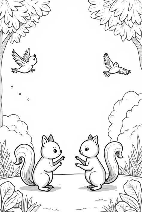 non-coloured, coloring pages for adults, an image of a whimsical scene featuring animals playing in the leaves, like squirrels chasing each other or birds flying overhead, cartoon style, thick lines, low detail, black and white, no shading,