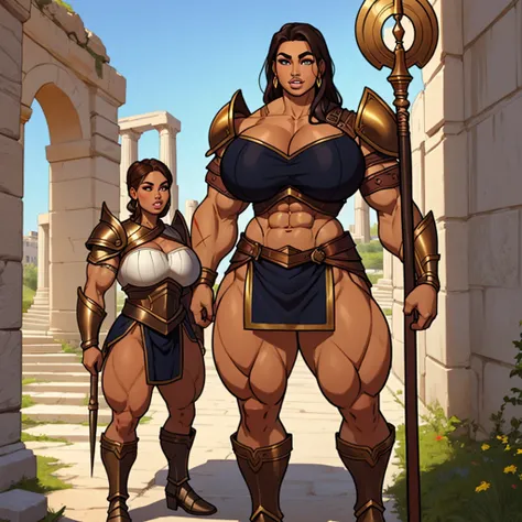 SFW, group of young girls, amazon warriors on guard holding a long spear weapon in an ancient greek-like city, chest armor huge breastplate, young, teens, muscular, athletic, buff, attractive, curvy, powerful, bulky, incase, super tanned, dark bronzed skin...