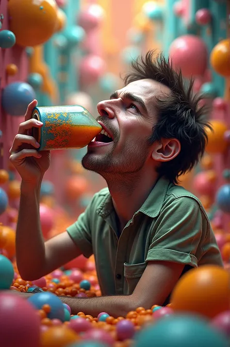 Bizarre image of man drinking with 3D colors