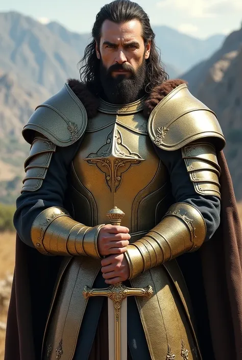 46 year old Caucasian male, medium to long hair in dark brown color, bearded and strong. eyes browns.  game of thrones style. Mediovale. wearing gold and silver armor , with a sword in his hands