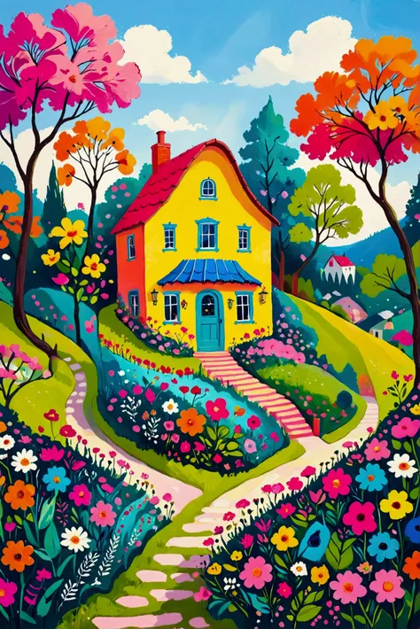 painting of a house in a colorful garden with trees and flowers, full of colour w 1024, whimsical art, flowery cottage, full of ...