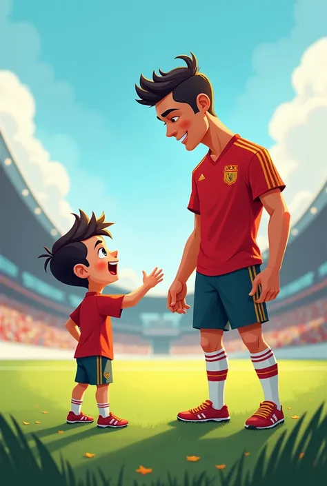 A footballer boy with his idol Ronaldo. Cartoon 