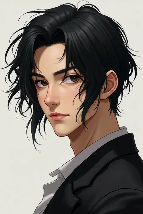 Create an realistic Asian male man boy with fair skin, that looks like Geto Suguru, 180cm tall, slightly muscular but thin body, long, black, wavy, neck-length hair, small and slanted eyes, slightly large nose with a high bridge and thick eyebrows.