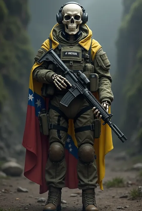 Skeleton wearing armed tactical military suit, military hat, with the flag of venezuela 