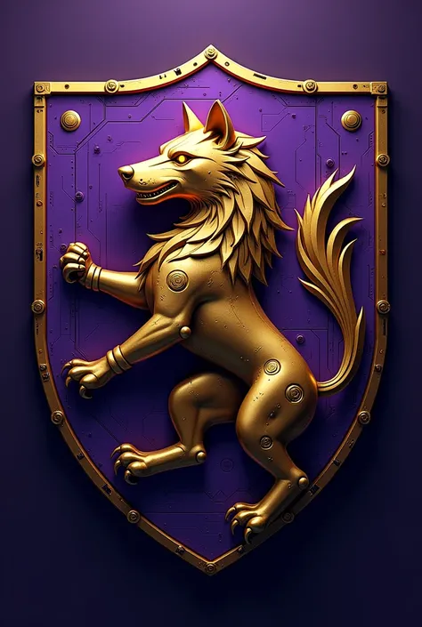 make a coat of arms of a golden wolf with a purple background with technology features. With space for name at the top and bottom of the coat of arms 