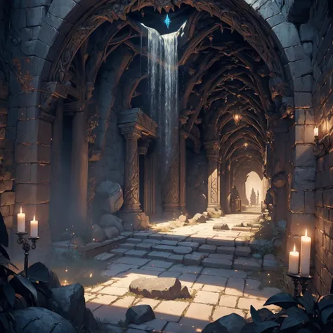 A detailed matte painting of a majestic, ancient cave entrance engulfed in swirling black mist, reminiscent of a fantasy medieval setting, with intricate stone carvings, ominous shadows, and hints of glowing runes on the walls, perfectly balanced compositi...