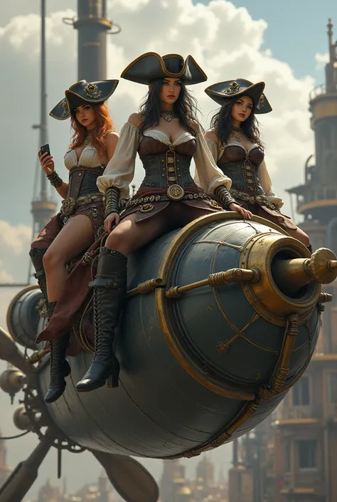 female steampunk pirates with emphasis on steampunk style clothing (Features of the 1880s, with many layers, corsets, hoodies, Hats, booties, gears, glasses) flying on a steampunk flying metallic pirate ship, sobre uma cidade movida a vapor e gears 
