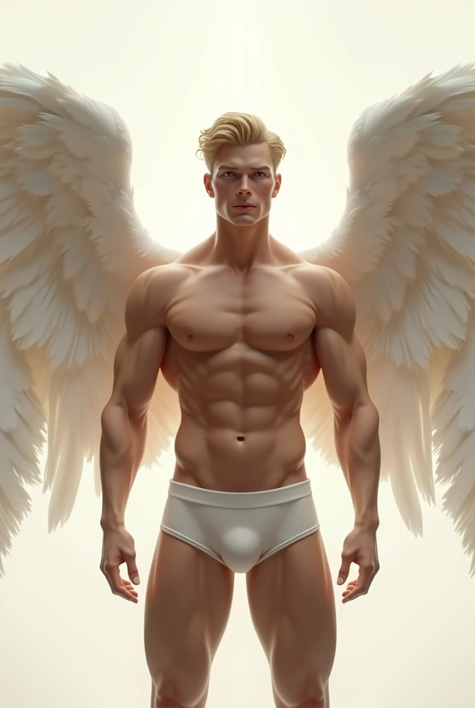 Nude muscular young blonde Caucasian man　An angel with big white wings　He is wearing white briefs with a large bulge