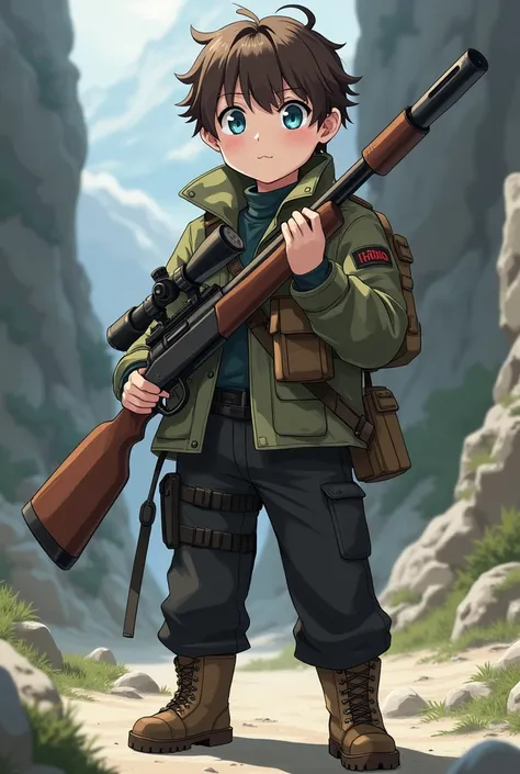 An anime style boy with white skin, blue eyes, brown hair, camouflage jacket, black tactical pants, military boots, black cap, holding a hunting rifle