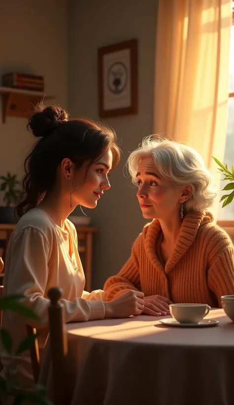 A georgous girl talking to a sad middle aged woman at home, pixar style, cinematic, masterpiece, high-aesthetic, realistic 