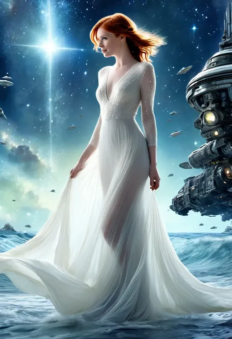 Bryce Dallas Howard (age 25, airy sheer white elegant gown), camera low looking up at her butt and a starry sky, a few tiny space ships fly across the sky, lush ocean world
