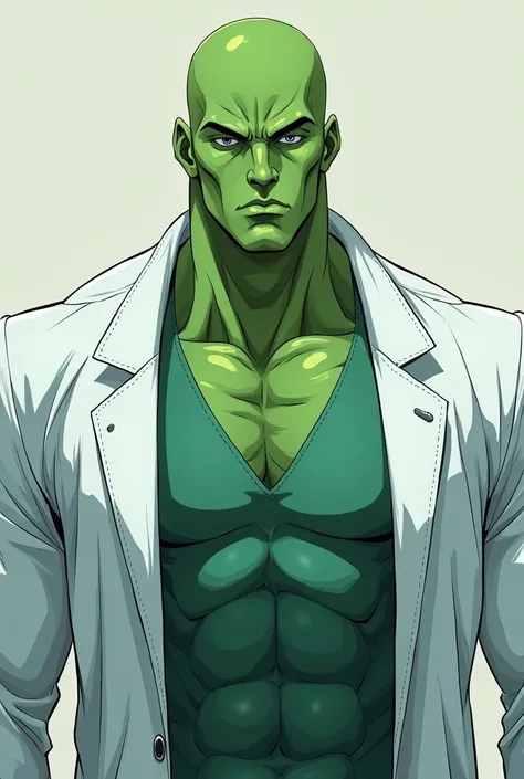 human male with green skin, masculine features, wearing a lab coat, anime style