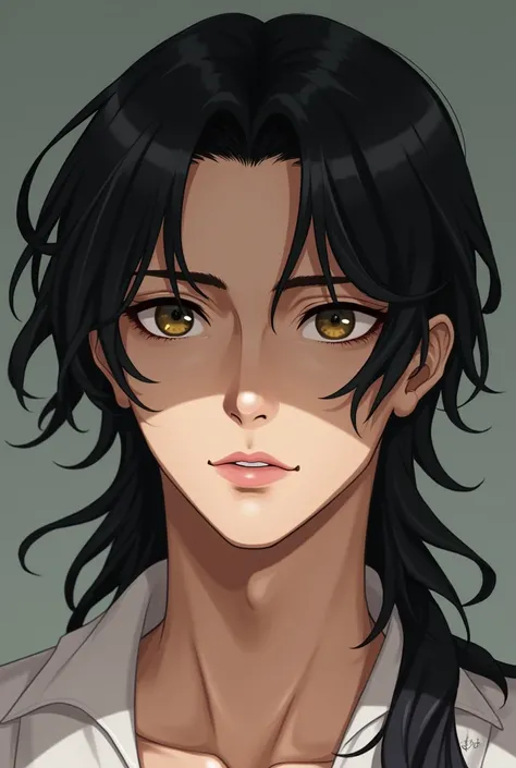 Create an realistic Asian male man boy with fair skin, that looks like Geto Suguru, 180cm tall, slightly muscular but thin body, long, black, wavy, neck-length hair, small and slanted eyes, slightly large nose with a high bridge and thick eyebrows.