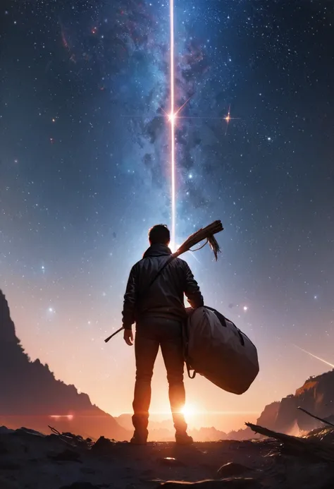 Highest quality,masterpiece,Ultra-high resolution,(Photorealistic:1.4),One man、Gurren Lagann、simon、Under a star-filled sky、silhouette、Looking up at the sky、He has a stick with a drill attached