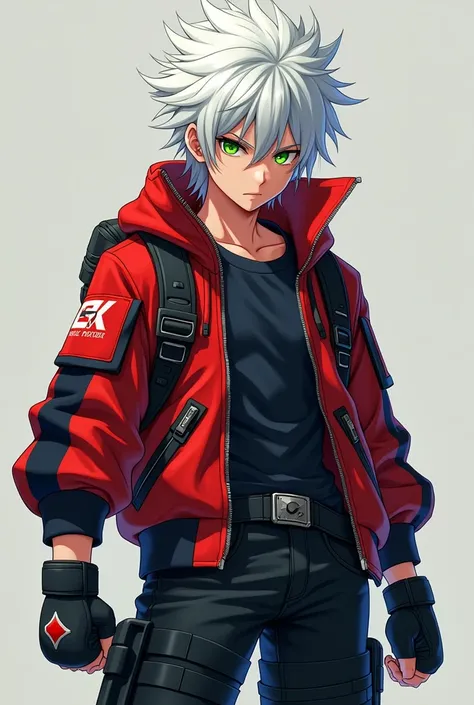 An anime style boy with white skin, green eyes, white hair, red and black jacket, black tactical pants, military boots with mma gloves