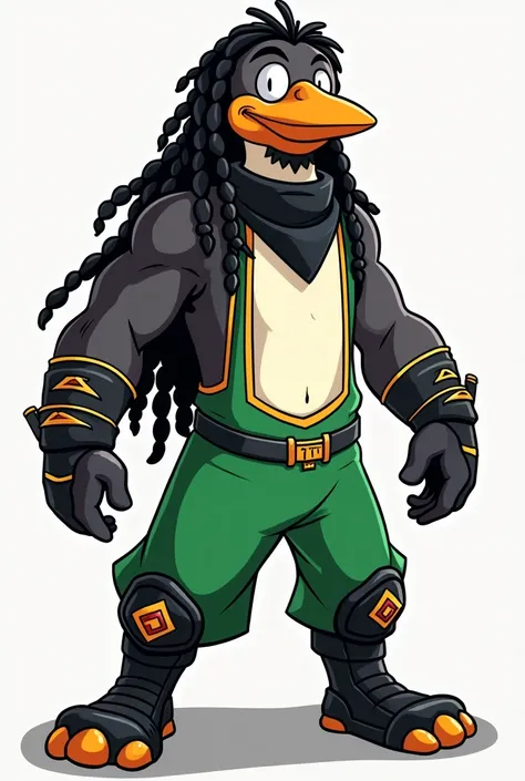 cartoon penguin dressed like WWE wrestler X-Pac. Long black dreadlock hair. Black bandana. Green wrestling singlet. Short black beard, black mustache. Long green pants,  black kneepads. Black wrestling boots