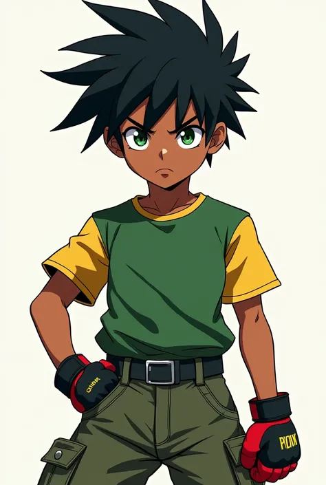 A dark skinned anime style boy with green eyes black hair green and yellow shirt green tactical pants military boots with mma gloves