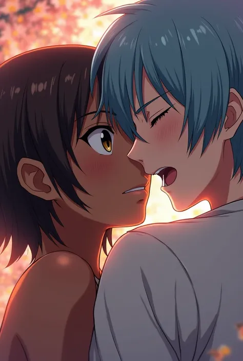 A dark-skinned woman, half closed eyes what a bigger expression, brown short hair. A light-skinned man, half closed eyes what a crazy expression, medium long light blue hair. Kissing anime style.