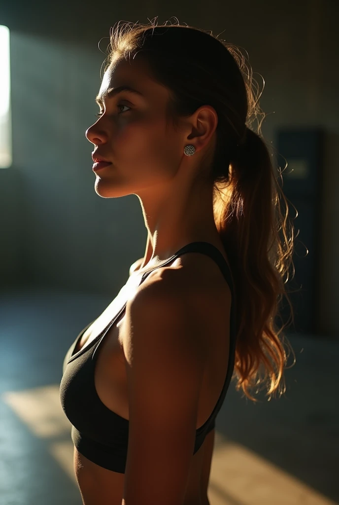 In a quiet gym environment, a brazilian woman doing yoga, wearing a revealing yoga outfit, with a close-up focused on the shape of her breasts and her concentration on the yoga poses, highlighting your inner peace and external beauty.