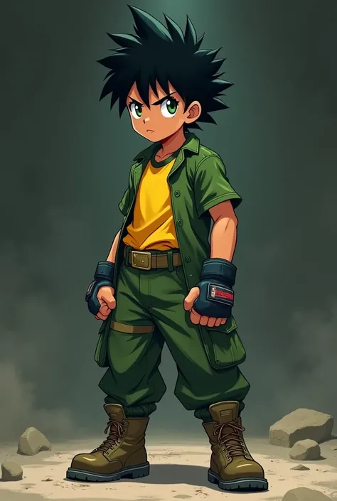 A dark skinned anime style boy with green eyes black hair green and yellow shirt green tactical pants military boots with mma gloves full body image