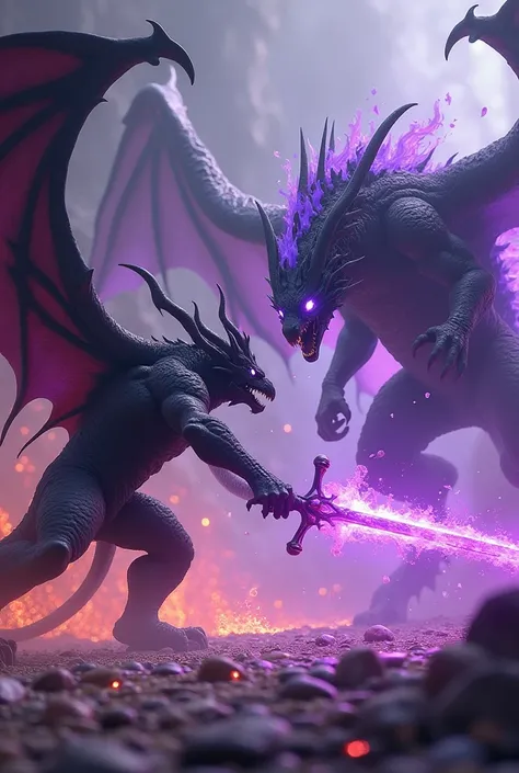 Spawns a powerful beast with purple eyes made of fire, 3d black with horns and a long tail, fighting a big dragon, with purple and dark powers, with a malebola armor and with long and sharp wings and teeth with a double sword made of purple fire