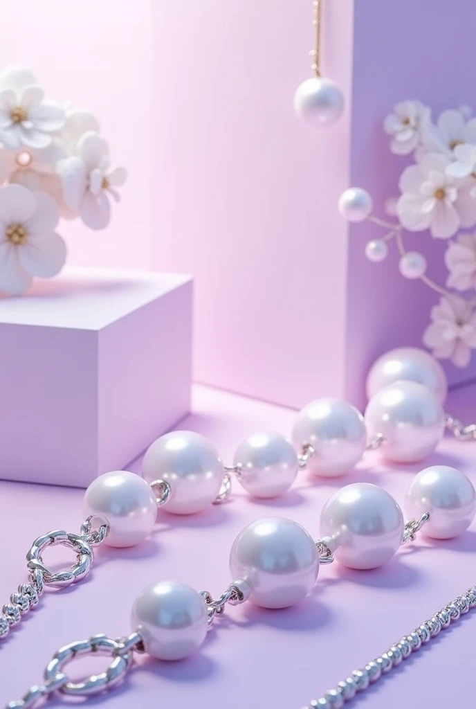 A background with pearls and necklaces, elegant but modern and technological, violet with soft white, more modern with good editing and horizontally fewer pearls, more chains, less.prettiest 4d pearls violet with white with pink