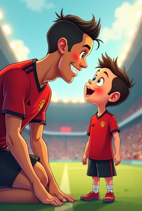 A little footballer boy with his idol Ronaldo. Ronaldo’s with shirt logo: Manchester United. Face to face . Cute Cartoon