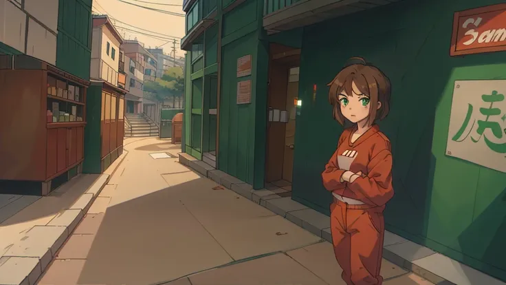 (best quality:0.8) perfect anime illustration, a pretty woman with short brown hair and green eyes on the street city market, wearing red tracksuit, 