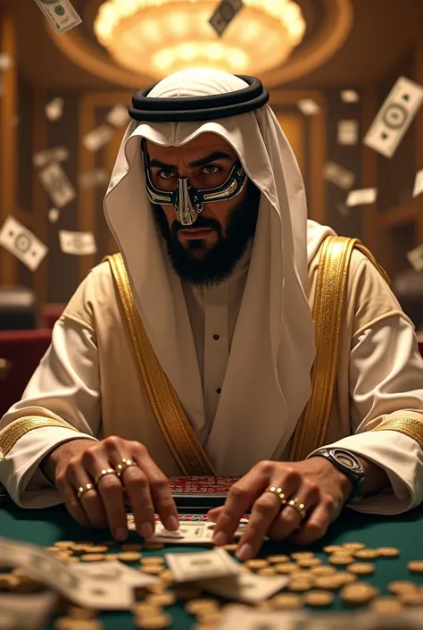 Create a man in Sheik clothes betting in casinos and money falling on him and wearing a robot mask