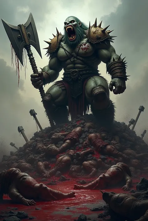 Barbarian ogro de d&sitting on a pile of corpses after battle