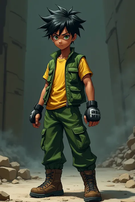 A dark skinned anime style boy with green eyes black hair green and yellow shirt green tactical pants military boots with mma gloves full body image