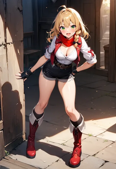 (masterpiece),(best quality),(ultra-detailed),(best illustration),(best shadow),(absurdres),(detailed background),(very aesthetic), 1girl, solo, blonde-hair, braid, boots, ahoge, shorts, gloves, fingerless-gloves, open-mouth, belt, socks, red-jacket, smile...