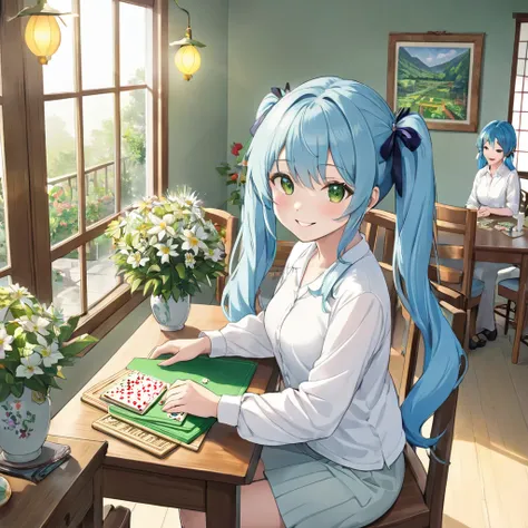 Girl enjoying mahjong, smiling, long light blue hair, twin tails、White shirt, mahjong, Green table, Chair, Sitting, 4人でGreen tableを囲みmahjongを楽しんでいる、Bright room with sunlight、The room is decorated with margaret flowers.、