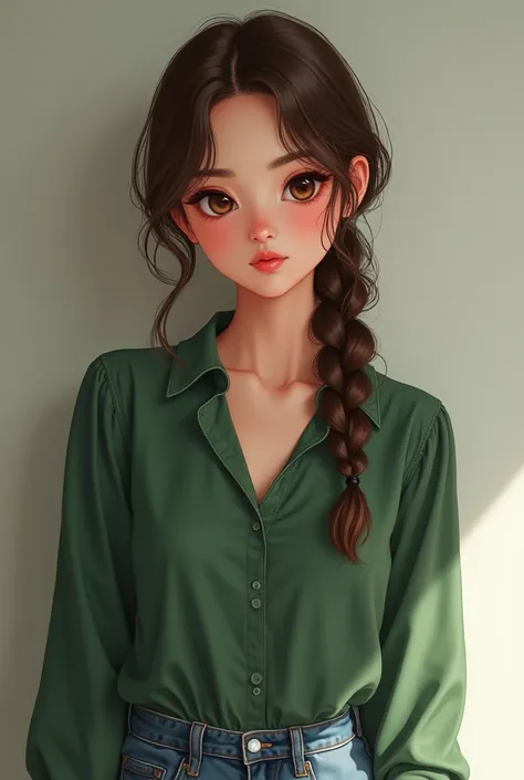 17 year old light skinned girl, Medium cut brown hair and a side braid with a round face, light brown hazel eyes, with a flirtatious look, pink lips, dressed in a green blouse and jeans. 