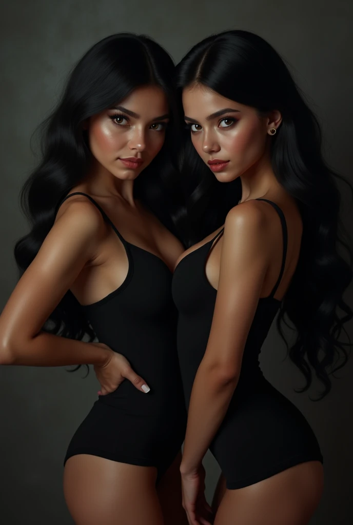 2 Bolivian girls aged 20, black fur, dark tea, long legs, big thighs, tender and provocative look, pyramid breasts. black dress with tights.