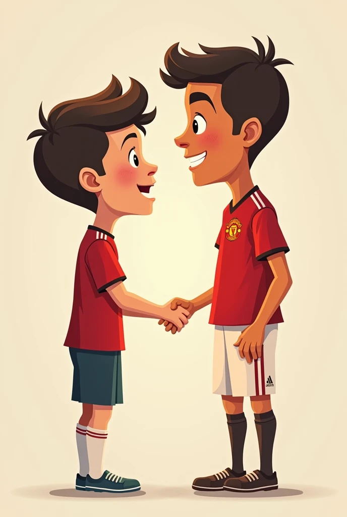 A footballer boy with his idol Ronaldo. Ronaldo’s with shirt logo: Manchester United. Face to face . Hold hand. Cute Cartoon illustration 