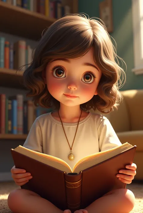 I want you to create a 6 year old , brown curly hair to shoulder ,eyes browns,with book in hands