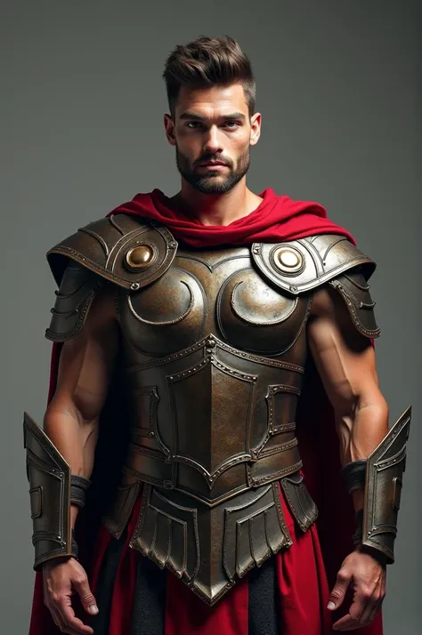 A very handsome young man, Spartan armor, muscular, on a gray background