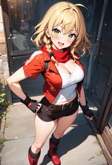 (masterpiece),(best quality),(ultra-detailed),(best illustration),(best shadow),(absurdres),(detailed background),(very aesthetic), 1girl, solo, blonde-hair, braid, boots, ahoge, shorts, gloves, fingerless-gloves, open-mouth, belt, socks, red-jacket, smile...