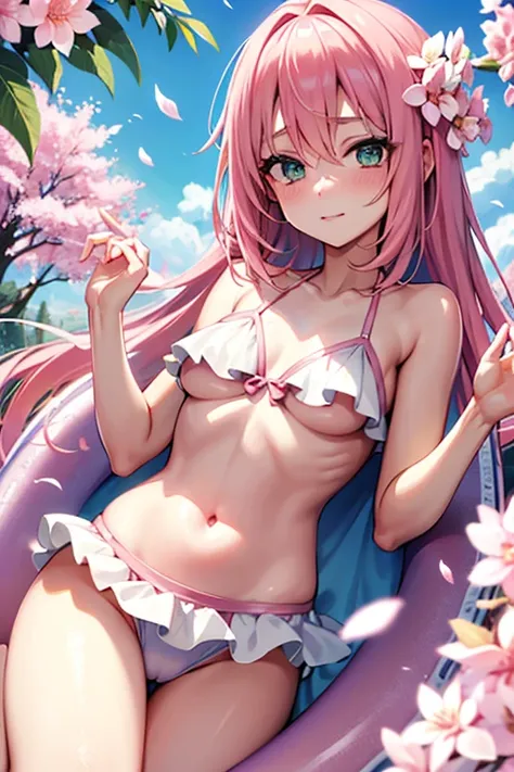  with pink hair and green eyes, haruno sakura, seductive girl, sakura petals around you, white swimsuit with ruffles, blush, looking ahead at viewer 