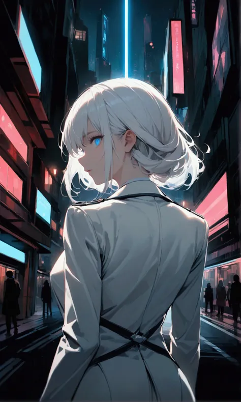 A woman with long white hair and blue eyes wearing a white suit turns her back in the middle of the city at night.