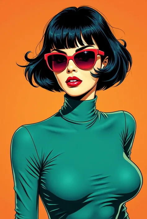 a woman with short black hair,sunglasses,teal outfit,bright orange background,retro illustration,vintage poster design,Hugh Kretschmer,Ross Tran,Fluid Forms,Peter Max,J.C. Le Capitaine,high resolution,best quality,4k,8k,highres,masterpiece:1.2,ultra-detail...