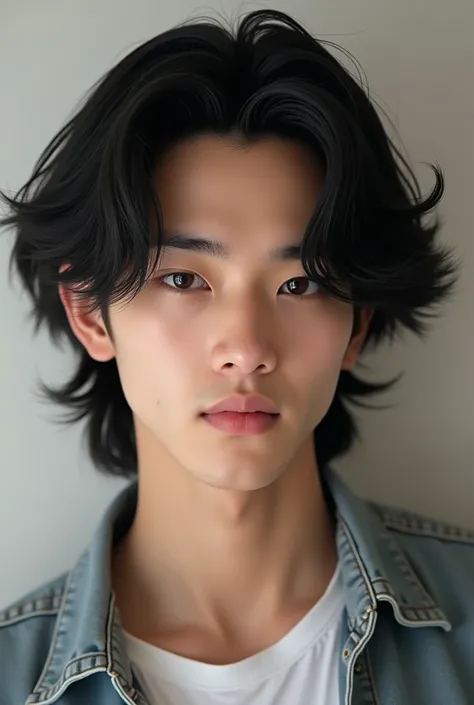 (photorealism:1.2) Create an realistic and handsome Asian boy with fair skin, 180cm tall, slightly muscular but thin body, long, black, wavy, neck-length hair, small and slanted eyes, slightly large nose with a high bridge and thick eyebrows.